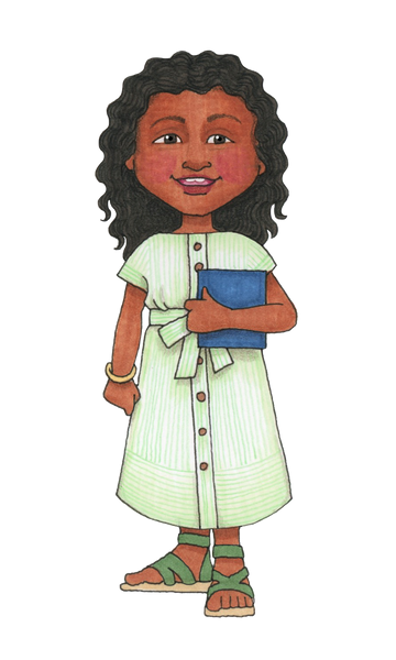 cartoon image of a teen girl in a dress, holding the scriptures