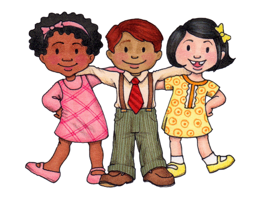 cartoon of three young children: a boy in the middle has his arms around two girls on each side