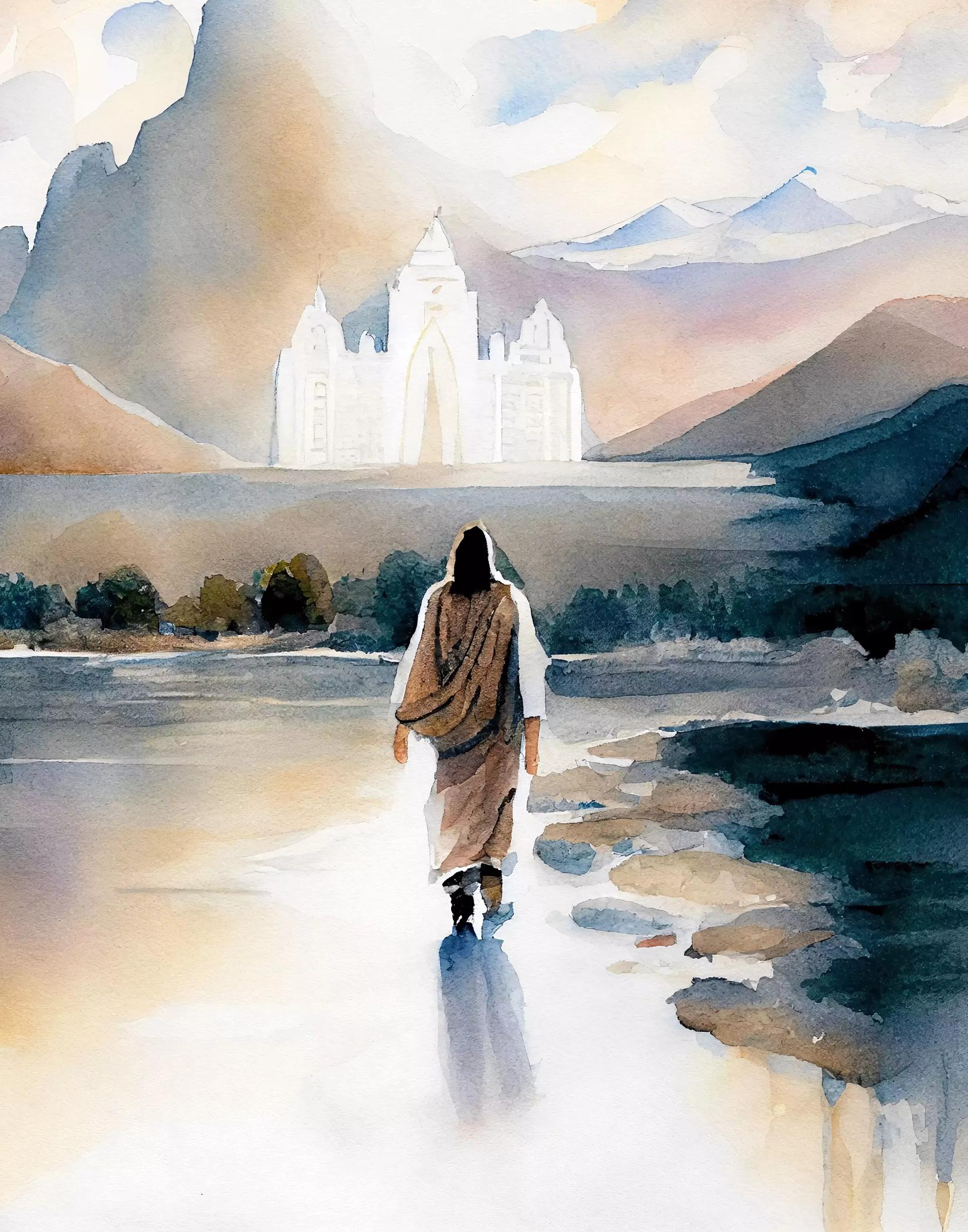 Christ, facing away from the viewer, walking along the banks of a large body of water, towards the temple in the distance