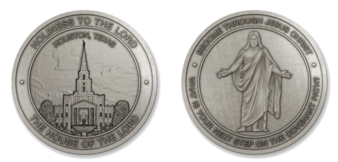 Obth sides of a silver-colored coin. One the left, we see the back-side, with a relief of the temple and the words "Holiness to the Lord" along the top and "The House of the Lord" on the bottom. On the right, we see the front-side, with a relief of The Christus, his arms outstretched. Above are the words "Become through Jesus Christ". Below are the words "What is your next step on the covenant path?"